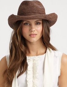 This hand-rolled design is crafted from crocheted raffia. RaffiaBrim, about 3½Spot cleanImported This hand-rolled design is crafted from crocheted raffia. RaffiaBrim, about 3½Spot cleanImported