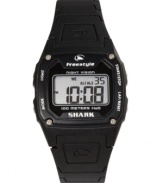 The Shark Classic watch by Freestyle is ready for play. This unisex watch has a black polyurethane strap and black square plastic case. Digital dial with time, day, date, night vision backlight, stop watch and two alarms. Digital movement. Water resistant to 100 meters. Limited lifetime warranty.