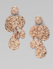 A statement piece, plated in 24k gold brass features round and oval drops in a high texture finish. 24k goldplated brassDrop, about 4½Clip-on backMade in USA A statement piece, plated in 24k gold brass features round and oval drops in a high texture finish. 24k goldplated brassDrop, about 4½Clip-on backMade in USA