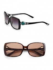 Acetate square frames with lavish stone embellished temples inspired by the one-of-a-kind Bvlgari emerald earrings sold in 2010. Available in black with emerald colored stone and grey gradient lens or havana with citrine colored stone and brown lens.UV 400 lens Made in Italy Acetate square frames with lavish stone embellished temples inspired by the one-of-a-kind Bvlgari emerald earrings sold in 2010. Available in black with emerald colored stone and grey gradient lens or havana with citrine colored stone and brown lens.UV 400 lens Made in Italy