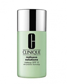 Soothing oil-free makeup instantly color-corrects flushing, blushing. Calming ingredients help minimize flare-ups. Beneficial probiotic technology helps strengthen skin's barrier. Keeps environmental triggers at bay with SPF plus antioxidants. Apply after using your Redness Solutions Redness Regimen or 3-Step Skin Care. Shake bottle well. Squeeze a few drops of foundation onto the back of your clean hand. With Foundation Brush or clean fingertips, smooth makeup into skin, starting in center of face, blending out toward hairline and jawline. Remove with your favorite Clinique oil-free makeup remover. Soothing oil-free makeup instantly color-corrects flushing, blushing. Calming ingredients help minimize flare-ups. Beneficial probiotic technology helps strengthen skin's barrier. Keeps environmental triggers at bay with SPF plus antioxidants. Apply after using your Redness Solutions Redness Regimen or 3-Step Skin Care. Shake bottle well. Squeeze a few drops of foundation onto the back of your clean hand. With Foundation Brush or clean fingertips, smooth makeup into skin, starting in center of face, blending out toward hairline and jawline. Remove with your favorite Clinique oil-free makeup remover.