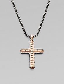 From the Alchemy in the UK Collection. A bold cross pendant of sterling silver, textured, studded and finished with rose goldplatng and black rhodium-plated accents, on a chunky chain of oxidized silver.Sterling silverRose goldplated and rhodium plated accentsChain length, about 24Pendant length, about 1½Lobster claspImported From the Alchemy in the UK Collection. A bold cross pendant of sterling silver, textured, studded and finished with rose goldplatng and black rhodium-plated accents, on a chunky chain of oxidized silver.Sterling silverRose goldplated and rhodium plated accentsChain length, about 24Pendant length, about 1½Lobster claspImported