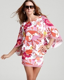 A swirling floral print and vintage inspired silhouette define this Trina Turk coverup. Pair with raffia wedges for a geisha girl take on swimwear. A swirling floral print and vintage inspired silhouette define this Trina Turk coverup. Pair with raffia wedges for a geisha girl take on swimwear.