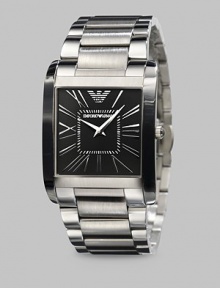 A modern classic designed with subtle Roman numeral markers and a sophisticated, stainless steel square bezel. Square bezel Quartz movement Water resistant to 3 ATM Stainless steel case: 36mm X 34.5mm (1.36) Stainless steel bracelet: 28mm (1.10) Imported A modern classic designed with subtle Roman numeral markers and a sophisticated, stainless steel square bezel. Square bezel Quartz movement Water resistant to 3 ATM Stainless steel case: 36mm X 34.5mm (1.36) Stainless steel bracelet: 28mm (1.10) Imported