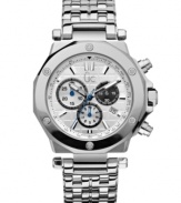 Another technical masterpiece by Gc Swiss Made Timepieces. Crafted of stainless steel bracelet and round case with silver-tone lugs at bezel. Gray grid-patterned chronograph dial features applied silver-tone stick indices, tachymeter scale, date window at four o'clock, three subdials, hour and minute hands, blue second hand and logo. Swiss quartz movement. Water resistant to 100 meters. Ten-year limited warranty. Luxury Gc gift box packaging included.