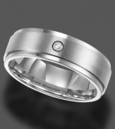 A round-cut diamond accent makes a spectacular solo performance on this classic titanium ring by Triton. With a step down edge, this 7 millimeter band features a smooth and comfortable fit. Sizes 8-15.
