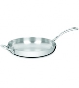 Bonjour amazing meals! A three-layer design features a pure aluminum core enveloped in stainless steel for even, quick and powerful heating. Elegantly crafted with a contoured handle and a classic shape, this skillet transports the art of French cooking into your kitchen. Lifetime warranty.