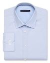 Classic fit, long sleeve shirt with spread collar. Button front with angle cut barrel cuffs. Clean front, no pockets. Rounded hem.