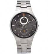 Masterfully crafted in Sweden, this multi-function Skagen Denmark watch is designed to outlast the rest. Titanium link bracelet and round case. Gray dial with edgy pattern at inner dial features orange and white stick indices, luminous hands, three orange-accented subdials and logo. Quartz movement. Water resistant to 30 meters. Limited lifetime warranty.