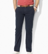 An elegant pant crafted from soft slub cotton is tailored in a five-pocket silhouette with a relaxed, straight leg.