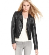 Calvin Klein Jeans' faux-leather petite moto jacket is stylishly versatile! Wear this slim-fit topper with jeans, dresses and more!