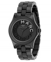 Steal the spotlight with the Rivera watch by Marc byMarc Jacobs. Black plastic and stainless steel bracelet and round case. Black dial with crystal-accented logo at markers and logo at center. Quartz movement. Water resistant to 50 meters. Two-year limited warranty.