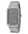 Announces your arrival with this sleek industrial design by Kenneth Cole New York. Watch crafted from stainless steel bracelet and rectangular case. Gray sunray dial with vertically lined pattern features stick indices, numerals at twelve and three o'clock, date window at three o'clock and logo. Quartz movement. Water resistant to 30 meters. Limited lifetime warranty.