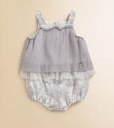 Lavish pleats, ruffles and tulle take this one-piece, bubble silhouette to a more elegant place.Ruffled squareneckSleevelessPleated overlayElastic leg openingsCottonMachine washImported Please note: Number of snaps may vary depending on size ordered. Additional InformationKid's Apparel Size Guide 