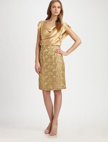 Silk satin in a beautifully draped style, finished with a fitted, metallic lace skirt.Cowl necklineFlutter cap sleevesDraped bodiceLace skirtBack keyhole detailBack ventConcealed back zipFully linedAbout 24 from natural waistSilkDry cleanImportedModel shown is 5'9½ (177cm) wearing US size 4. Silk satin in a beautifully draped style, finished with a fitted, metallic lace skirt.Cowl necklineFlutter cap sleevesDraped bodiceLace skirtBack keyhole detailBack ventConcealed back zipFully linedAbout 24 from natural waistSilkDry cleanImportedModel shown is 5'9½ (177cm) wearing US size 4.