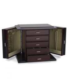 A rich mahogany finish lends sophistication to this fabulous, functional jewelry chest. Compartments in each drawer keep earrings, bracelets and pins organized while side doors open to expose necklace hooks and pocket shelves. Also features an imitation-suede interior in aloe.