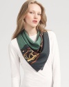 Foulard patterned silk twill with classic horsebit and chain borders.About 36 square Silk; dry clean Made in Italy