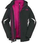 This three-in-one North Face® jacket features rugged, waterproof construction with a unique pop of color in the lining and trim.