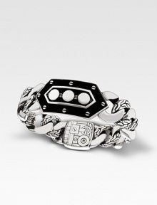 A carefully detailed design for the modern man, crafted in gleaming sterling silver with a leather station accent. From the Men's Dot Collection Sterling silver Medium size: 8½ long Button clasp Imported A carefully detailed design for the modern man, crafted in gleaming sterling silver with a leather station accent. From the Men's Dot Collection Sterling silver Medium size: 8½ long Button clasp Imported