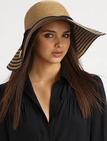 A glamourous design with a wide, striped brim and corded band. 90% toyo paper/10% cottonCorded band with goldtone, knot detailsBrim, about 5¾Hand washMade in USA of imported fabrics A glamourous design with a wide, striped brim and corded band. 90% toyo paper/10% cottonCorded band with goldtone, knot detailsBrim, about 5¾Hand washMade in USA of imported fabrics