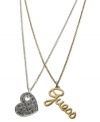 Love letters? GUESS helps you with its two-row necklace crafted from gold-tone and silver-tone mixed metal, and featuring heart and logo pendants. Glass stones provide a lustrous touch. Item comes packaged in a signature GUESS Gift Box. Approximate length: 16 inches + 2-inch extender. Approximate drop: 2 inches.