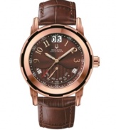 Richly handsome, this Exeter collection watch by Bulova Accutron embraces contemporary hues. Brown croc-embossed leather strap and round rose-gold ion-plated stainless steel case with sapphire crystal. Brown dial features rose-gold tone numerals at markers, minute track, date window at twelve o'clock, day window at six o'clock, luminous hands and logo. Swiss quartz movement. Water resistant to 50 meters. Five-year limited warranty.