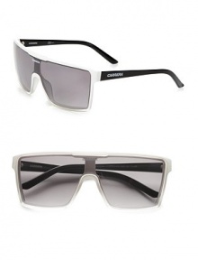 This futuristic style is sleek and sure to stand out. Available in white/shiny black with grey mirror gradient lens. Logo temples100% UV protectionMade in Italy This futuristic style is sleek and sure to stand out. Available in white/shiny black with grey mirror gradient lens. Logo temples100% UV protectionMade in Italy