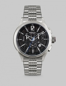 The timeless chronograph design with a contemporary finish, crafted in stainless steel with a three-eye design and link bracelet. Silver dial with applied grate Anti-reflective glass Stainless steel case and band Second hand Water-resistant to 10 ATM Date display at 4 o'clock Round case, 40mm, 1.73 Swiss quartz movement Deployment buckle Imported The timeless chronograph design with a contemporary finish, crafted in stainless steel with a three-eye design and link bracelet. Silver dial with applied grate Anti-reflective glass Stainless steel case and band Second hand Water-resistant to 10 ATM Date display at 4 o'clock Round case, 40mm, 1.73 Swiss quartz movement Deployment buckle Imported