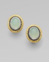 From the Gauntlet Collection. Smooth oval buttons of pastel aqua chalcedony, elegantly framed in granulated sterling silver and hammered 24k gold.Aqua chalcedonySterling silver and 24k yellow goldLength, about ¾Post-and-hinge backImported