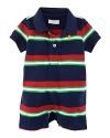 An adorable short-sleeved shortall is crafted from comfortable cotton mesh with vibrant stripes and a signature embroidered pony for heritage style.