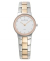 Skagen Denmark shows the soft side of steel with warm rose gold hues. Watch crafted of two-tone stainless steel bracelet with rose gold tone center links and round case. White dial features Swarovski elements at markers, two rose gold tone hands and logo. Quartz movement. Water resistant to 30 meters. Limited lifetime warranty.