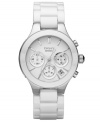 A simply luminous watch by DKNY. White ceramic bracelet and round stainless steel case. White dial with silvertone stick indices, logo, date window and three subdials. Quartz movement. Water resistant to 50 meters. Two-year limited warranty.