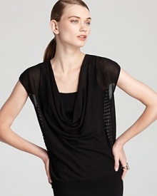 Master city sophistication in this Eileen Fisher top, touting a draped neckline and a mesh back for an alluring silhouette. Keep the look modern and style with sleek, minimalist staples. Master city sophistication in this Eileen Fisher top, touting a draped neckline and a mesh back for an alluring silhouette. Keep the look modern and style with sleek, minimalist staples.