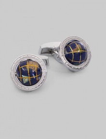 A sophisticated design for the world traveler in sterling silver with inlaid semi-precious stones that create the look of a globe. T-backing About ½ diam. Imported A sophisticated design for the world traveler in sterling silver with inlaid semi-precious stones that create the look of a globe. T-backing About ½ diam. Imported