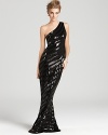 Bold stripes of sparkling sequins makes a glam statement on this David Meister one-shoulder gown.