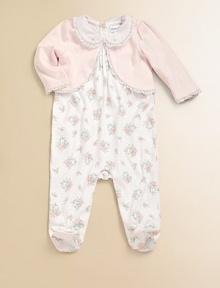 The softness of pima cotton and the sweetness of flowers and lace are perfect for teaching your baby about life's finer things.Shrug:Round necklineSingle button-and-loop closureLace trimLong slightly puffed sleevesCutaway hemFootie:Lace-trimmed Peter Pan collar with embroiered flowersLong sleevesSnap legsCottonMachine washImportedAdditional InformationKid's Apparel Size Guide 