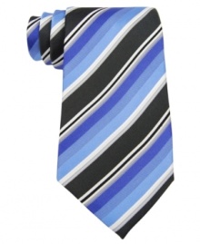 Go bold. A classic striped tie from Kenneth Cole Reaction is punctuated by a power color palette. Go bold. A classic striped tie from Kenneth Cole Reaction is punctuated by a power color palette.