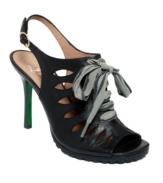 Inspired by menswear, defined by femininity. The dainty Ilyna slingback sandals feature a lace-up ribbon at the uniquely cutout vamp and an unmistakeably sexy stiletto heel. By Lisa for Donald J Pliner.