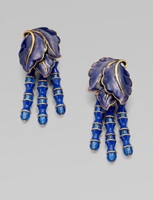 This boldly colored, hand-painted resin design features a trio of beaded drops. Hand-painted resin over brassPlastic beadsDrop, about 2½Clip-on backMade in USA This boldly colored, hand-painted resin design features a trio of beaded drops. Hand-painted resin over brassPlastic beadsDrop, about 2½Clip-on backMade in USA