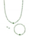 A fun update to your accessory collection, this matching set features a necklace, stretch bracelet and stud earrings crafted from green jade quartz (6-8 mm) and crystal beads. Set in sterling silver. Approximate length (necklace): 18 inches. Approximate length (bracelet): 7 inches. Approximate diameter: 1/3 inch.