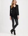 An updated tux silhouette, cropped and contoured with a sleek V neckline.Defined shouldersThree-quarter sleevesSingle-button closureWelt pocketsHem longer in frontAbout 25 from shoulder to hem98% wool/2% LycraDry cleanMade in USA of Italian fabricModel shown is 5'9½ (176cm) wearing US size 4.