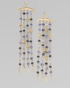 A four-strand fringe design dangles tiny beads of multi-hued sapphires and 18k gold from a polished 14k gold bar.Sapphire 14k and 18k yellow gold Length, about 3 Ear wire Imported