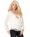 Buffalo Jeans offers a layered look in one great blouse with this romantic piece. Vintage-inspired lace trim and fabric-covered buttons add bohemian style to your everyday wardrobe!