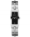 Style that shines. This DKNY watch features a stainless steel bracelet and rectangular case. Black dial with logo and silvertone stick indices. Quartz movement. Water resistant to 30 meters. Two-year limited warranty.