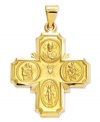 Keep the faith. This stunning four-way medal charm depicts four religious scenes including the Sacred Heart, St. Christopher, Miraculous and St. Joseph. Text reads I am a Catholic, please call a priest at the back. Crafted in 14k gold. Chain not included. Approximate length: 1-3/10 inches. Approximate width: 1 inch.