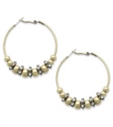 Beaded beauties. Bar III's hoop earrings rock crystal shimmer with burnished gold tone beads. Crafted in burnished gold tone mixed metal. Approximate diameter: 1-3/4 inches.