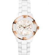 As pure as the driven snow, this technical masterpiece is as chic as it is sporty. Sport Clas XL-S Glam collection watch from Gc Swiss Made Timepieces crafted of white ceramic bracelet and round case with rose-gold tone accents. White dial with two subdials, logo at twelve o'clock, rose-gold tone Roman numerals at twelve, five and seven o'clock, stick indices and minute track. Swiss quartz movement. Water resistant to 100 meters. Ten-year limited warranty. Luxury Gc gift box packaging included.