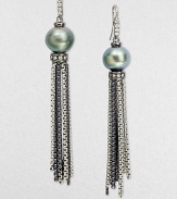 From the Midnight Pearl Collection. Gleaming chain tassels of blackened sterling silver dangle delicately from iridescent Tahitian cultured pearls with bands of diamonds above and below.Diamonds, .34 tcwTahitian pearls, 11mm-12mmSterling silverLength, about 3Ear wireImported