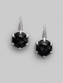 Faceted black onyx is distinctive and dramatic in a richly textured setting of sterling silver. Black onyx Sterling silver Drop, about ¾ Diameter, about ½ Post back Made in USA Faceted black onyx is distinctive and dramatic in a richly textured setting of sterling silver. Black onyx Sterling silver Drop, about ¾ Diameter, about ½ Post back Made in USA
