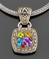 Find strength in numbers. A multitude of colorful oval-cut gemstones sit pretty in a cushion-shaped pendant crafted in 18k gold & sterling silver by Effy Collection(tm). Featuring amethyst (3/4 ct. t.w.), blue topaz (1/3 ct. t.w.), citrine (1/5 ct. t.w.), peridot (1/3 ct. t.w.) and garnet accents. Approximate length: 16 inches. Approximate drop: 1-1/4 inches.
